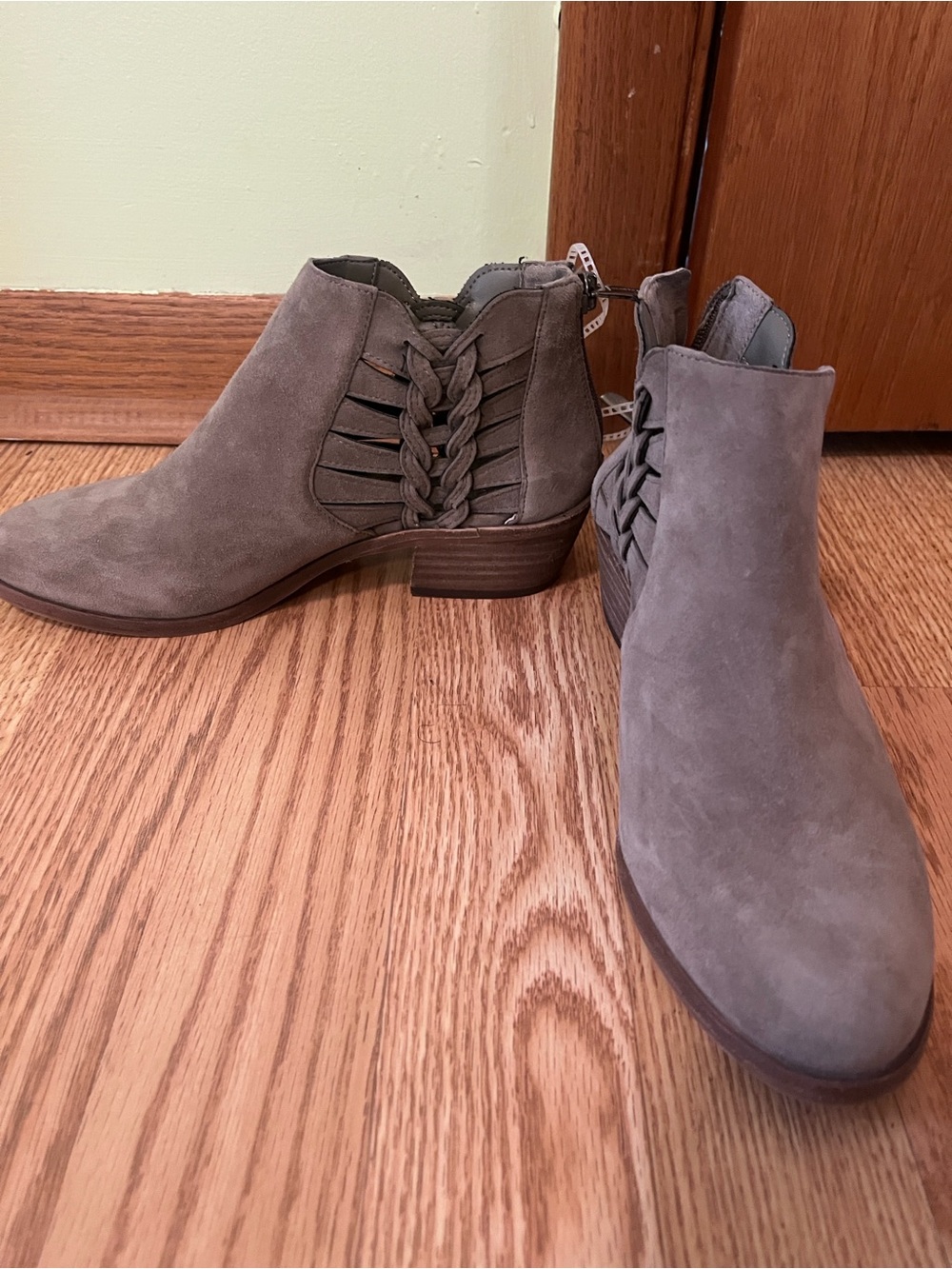 Vince Camuto Taupe Suede Braided Ankle Booties